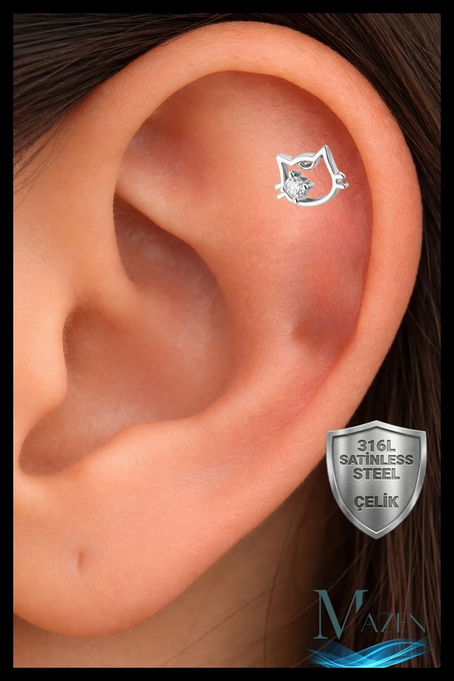 Kedi Figürlü Tragus Helix Piercing | Çelik | Flat Back Arkası Düz | Kararmaz | Küpe