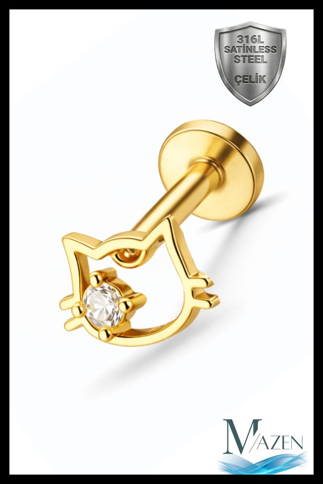 Kedi Figürlü Tragus Helix Piercing | Çelik | Flat Back Arkası Düz | Kararmaz | Küpe