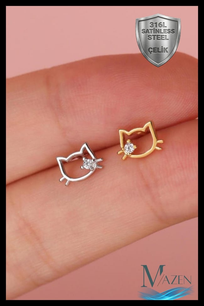 Kedi Figürlü Tragus Helix Piercing | Çelik | Flat Back Arkası Düz | Kararmaz | Küpe