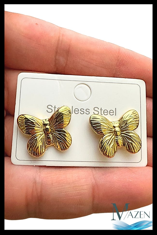 Kelebek Dokulu Küpe | 316L Paslanmaz Çelik | Kadın Takı Aksesuar ( 2 cm ) Gold Renk