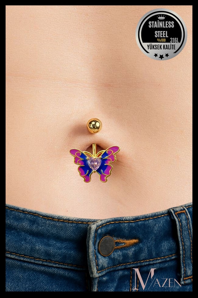Kelebek Model Göbek Piercing | 316L Çelik | Mor Pembe Renkli Kalpli | Kadın Takı Aksesuar | Pirsing