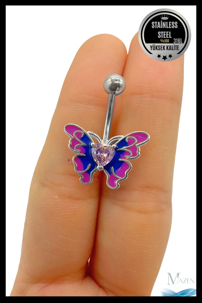 Kelebek Model Göbek Piercing | 316L Çelik | Mor Pembe Renkli Kalpli | Kadın Takı Aksesuar | Pirsing