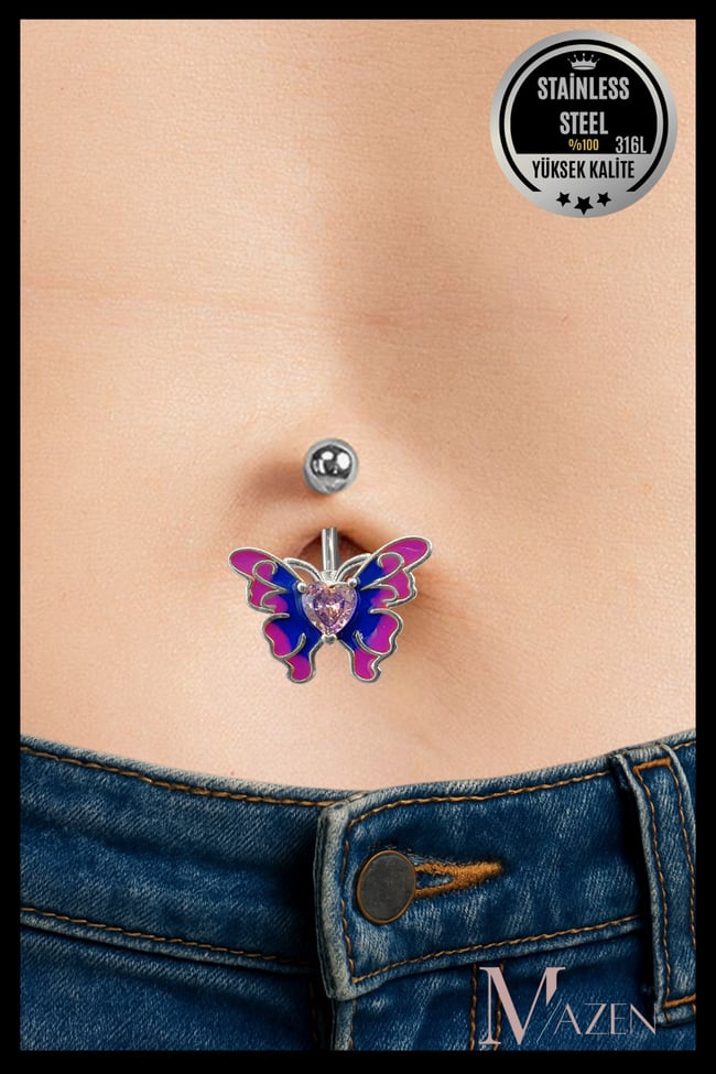 Kelebek Model Göbek Piercing | 316L Çelik | Mor Pembe Renkli Kalpli | Kadın Takı Aksesuar | Pirsing