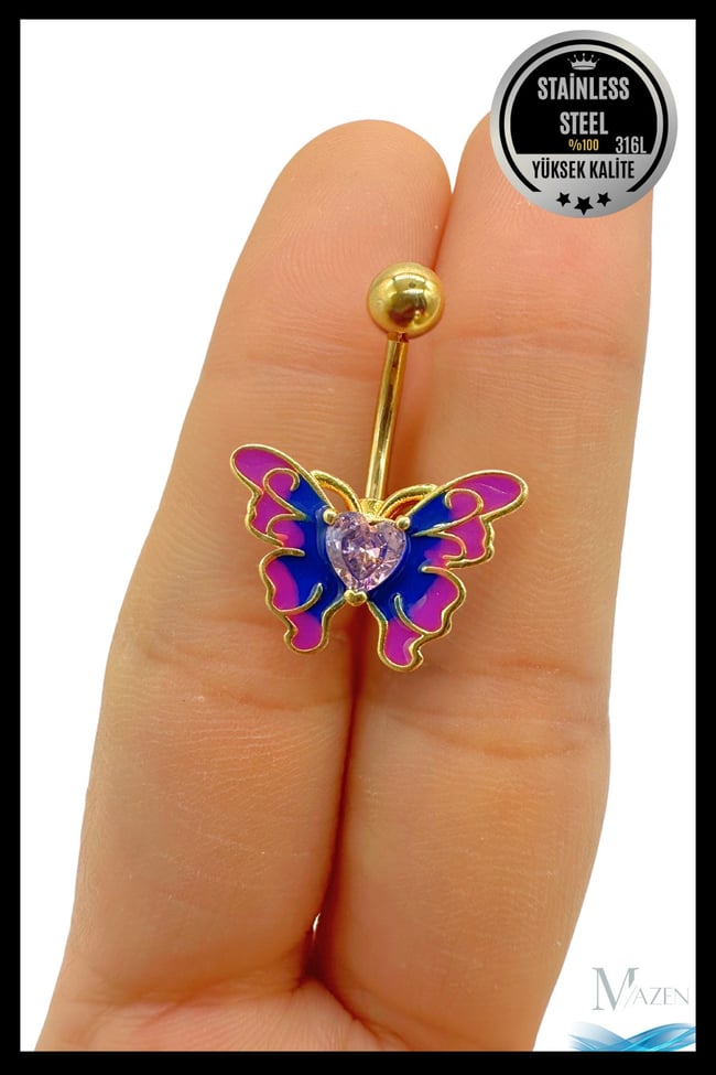 Kelebek Model Göbek Piercing | 316L Çelik | Mor Pembe Renkli Kalpli | Kadın Takı Aksesuar | Pirsing