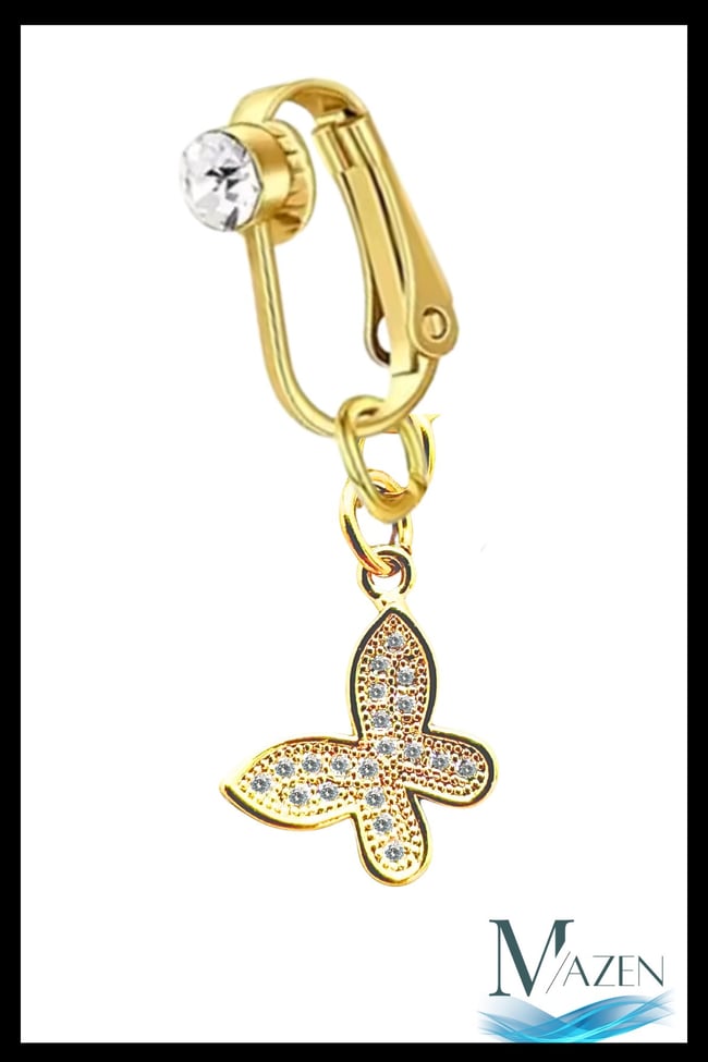 Kelebek Model Sıkıştırmalı Çelik Göbek Piercing | Deliksiz | Kolay Kullanım | Delik Gerektirmeyen