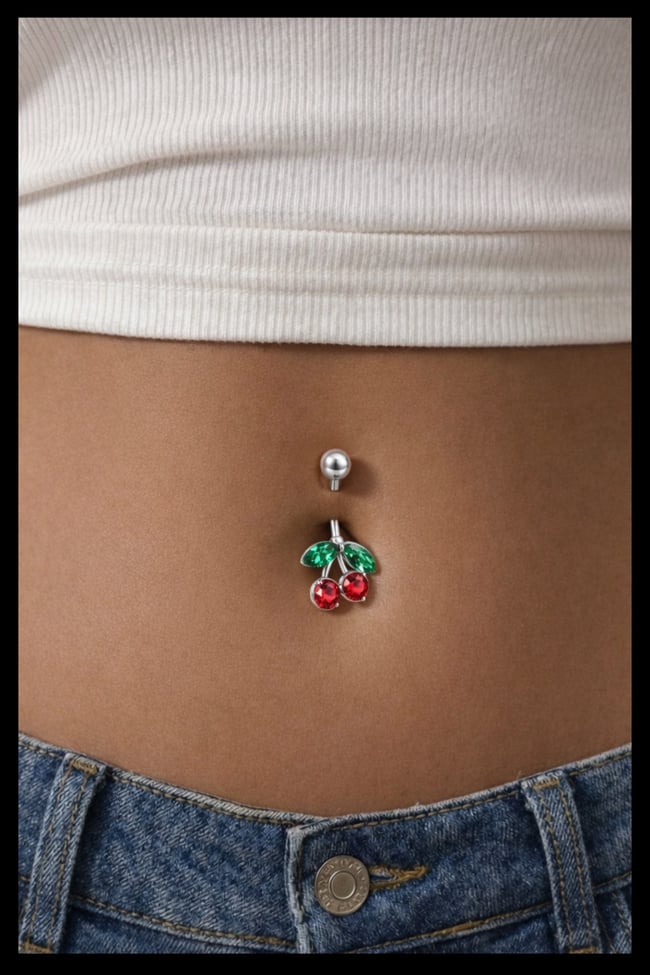 Kiraz Figürlü Göbek Piercing | 316L Çelik | Kırmızı & Yeşil Taşlı | Kadın Takı Aksesuarı