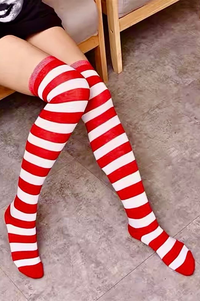 Kırmızı-Beyaz Çizgili Uzun Çorap | Dizüstü Schoolgirl Stil | Kadın Yüksek Çorap (36-42)