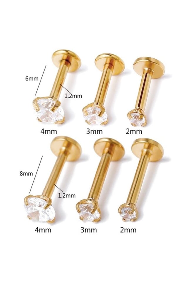 Kısa Barlı ( 6mm ) Cerrahi Çelik Taşlı Piercing, Tragus Tekli Gold Renk (Taş Ebat Seçiniz)
