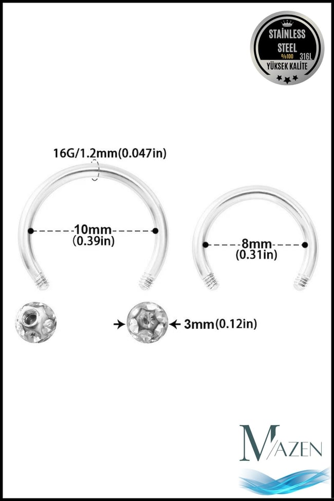 Kristal Taşlı Akrilik Kaplamalı Kararmaz Cerrahi Çelik Nal Piercing ( Beden Seçenekli)