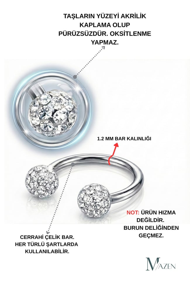 Kristal Taşlı Akrilik Kaplamalı Kararmaz Cerrahi Çelik Nal Piercing ( Beden Seçenekli)