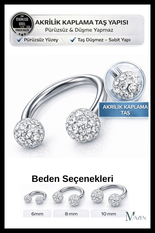 Kristal Taşlı Akrilik Kaplamalı Kararmaz Cerrahi Çelik Nal Piercing ( Beden Seçenekli)