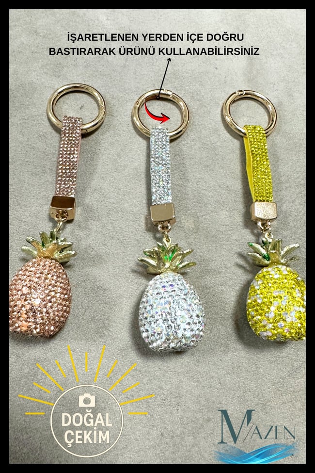 Kristal Taşlı Ananas Figürlü Lüks Anahtarlık Charm ve Çanta Süsü - Işıltılı Araba Anahtarlığı