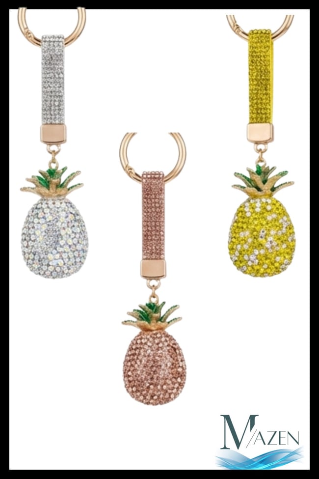 Kristal Taşlı Ananas Figürlü Lüks Anahtarlık Charm ve Çanta Süsü - Işıltılı Araba Anahtarlığı
