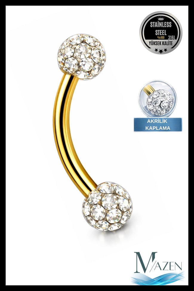 Kristal Taşlı Kaş Piercing | 316L Çelik | Gold Renk
