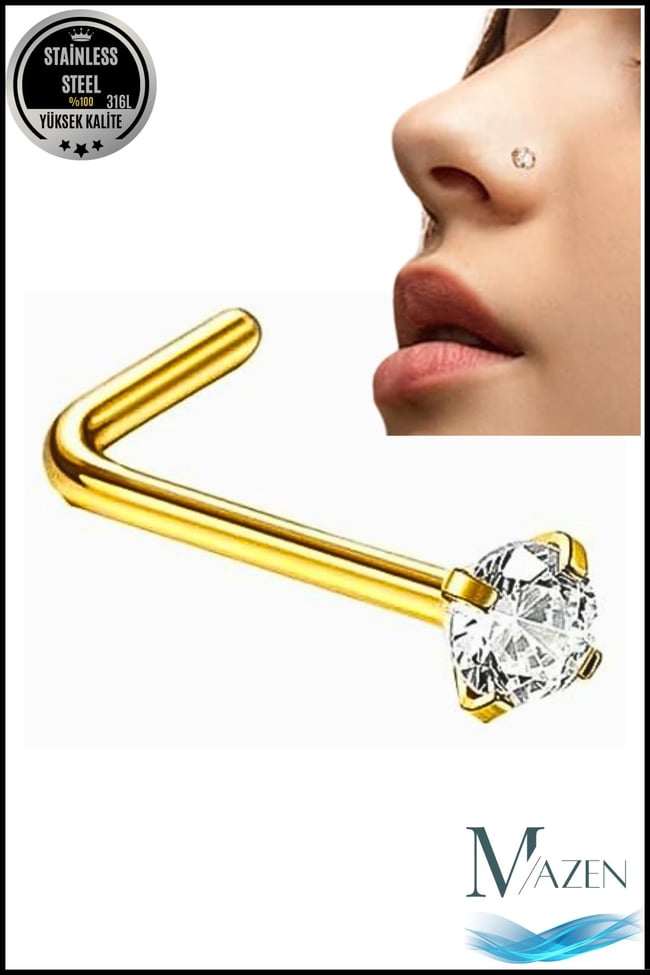 L Model Zirkon Taşlı Hızma | 316L Cerrahi Çelik | Kararmaz Burun Piercingi | Düşme Yapmaz