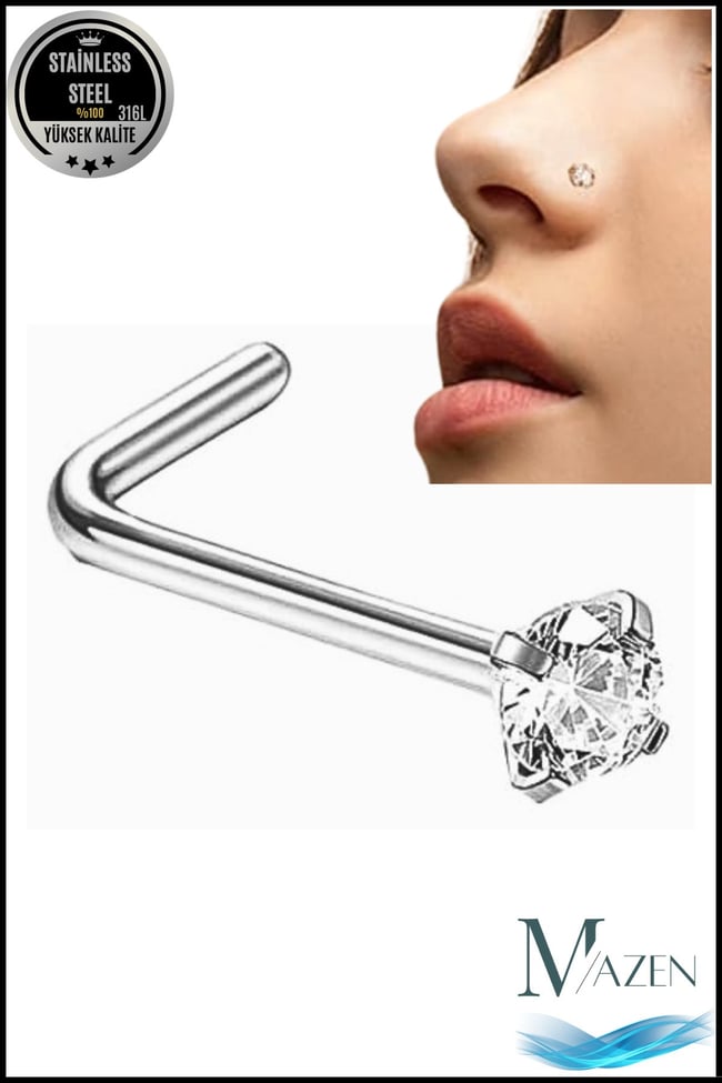 L Model Zirkon Taşlı Hızma | 316L Cerrahi Çelik | Kararmaz Burun Piercingi | Düşme Yapmaz