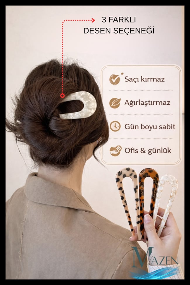 Leopar Desenli French Pin Saç Tokası | Asetat U Topuz Tokası | Minimal Şık Tasarım