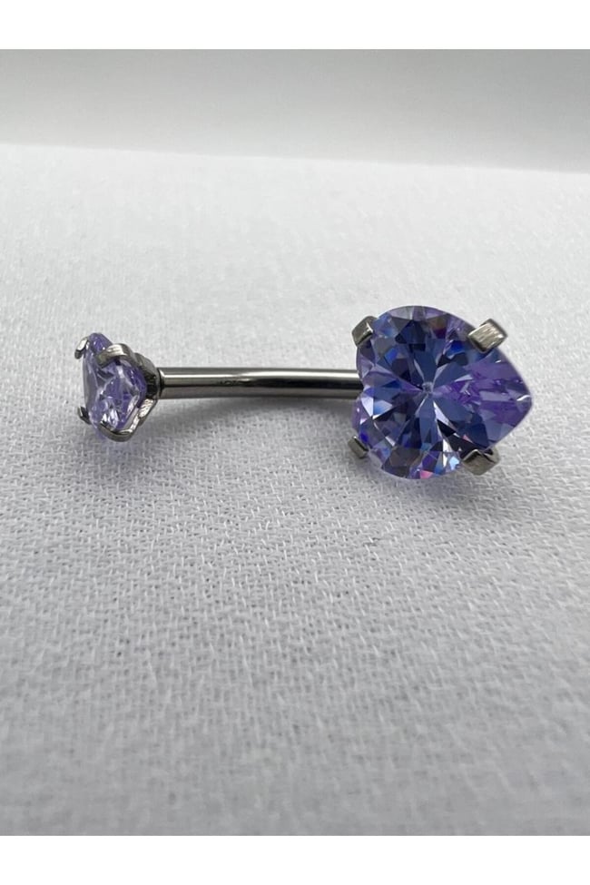 Lila Kalp Zirkon Taşlı Göbek Piercing | 316L Çelik | Gri Bar | Kararmaz Antialerjik