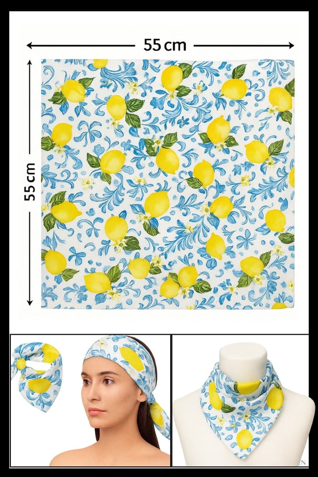 Limon Desenli Mavi Beyaz Bandana Fular | 55x55 cm | Saten Kare Eşarp | Kadın Saç Aksesuarı