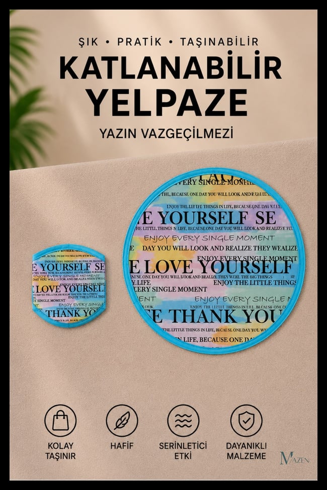 Love Yourself Yazı Desenli Katlanabilir Yuvarlak Yazlık Taşınabilir El Yelpazesi