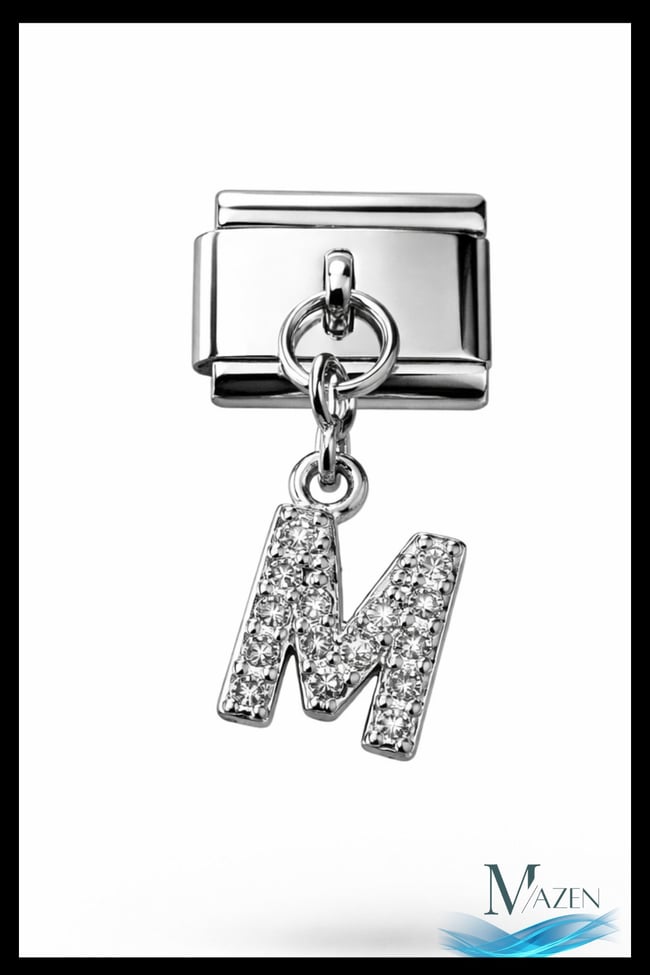 M Harf Zirkon Taşlı İtalyan Charm Bileklik Aparatı | Çelik | Parlak Sallantılı Taşlı Model