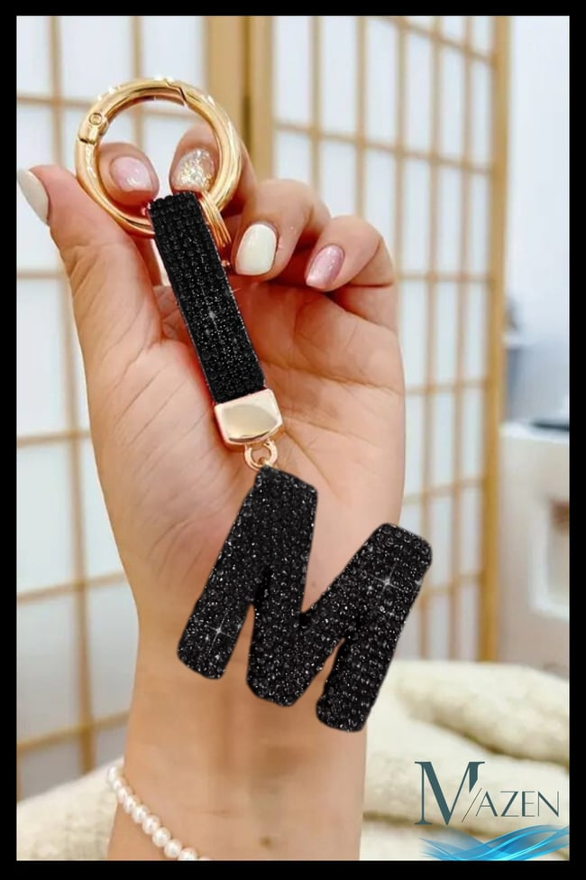 M Harfi Siyah Taşlı Harf Anahtarlık, Çanta Charmı VIP Seri