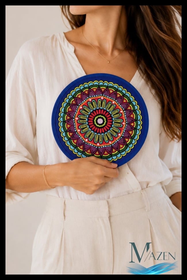Mandala Desenli Katlanabilir Yuvarlak Yazlık Taşınabilir El Yelpazesi