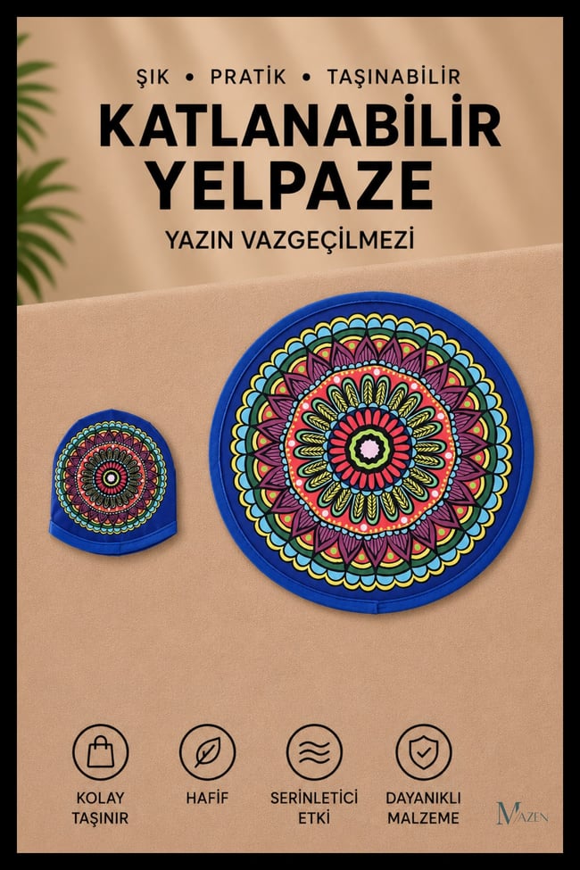 Mandala Desenli Katlanabilir Yuvarlak Yazlık Taşınabilir El Yelpazesi