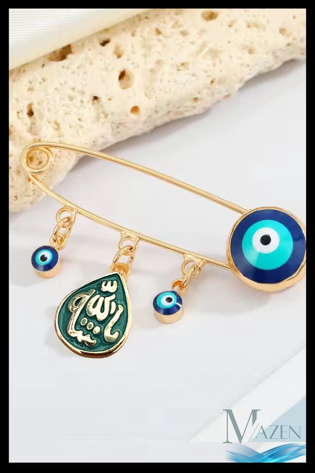 Maşallah Yazılı Nazar Boncuklu Iğne Broş | Altın Renk Metal | Bebek Ve Takı Aksesuarı (ما شاء الله)