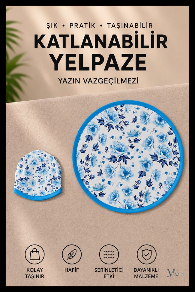 Mavi Çiçek Desenli Katlanabilir Yuvarlak Yazlık Taşınabilir El Yelpazesi