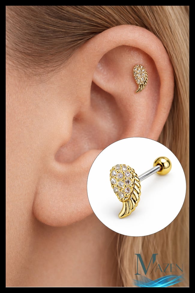 Melek Kanadı Tragus Piercing | Zirkon Taşlı Gold 316L Çelik Kıkırdak Helix