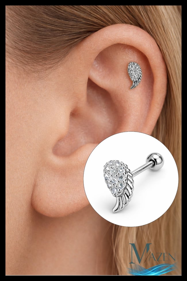 Melek Kanadı Tragus Piercing | Zirkon Taşlı Gold 316L Çelik Kıkırdak Helix