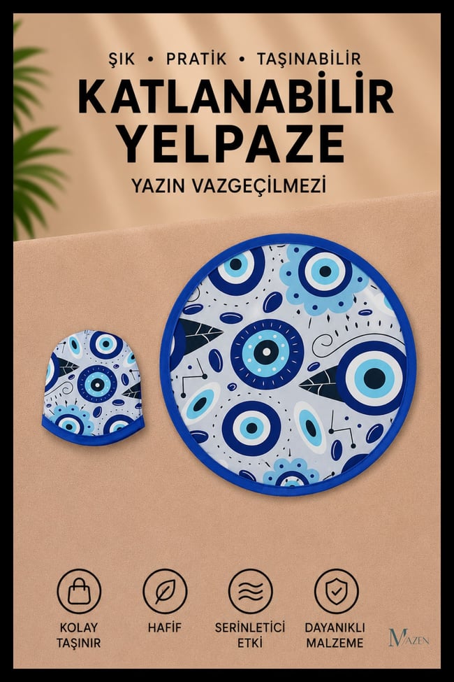 Nazar Boncuğu Desenli Katlanabilir Yuvarlak Yazlık Taşınabilir El Yelpazesi