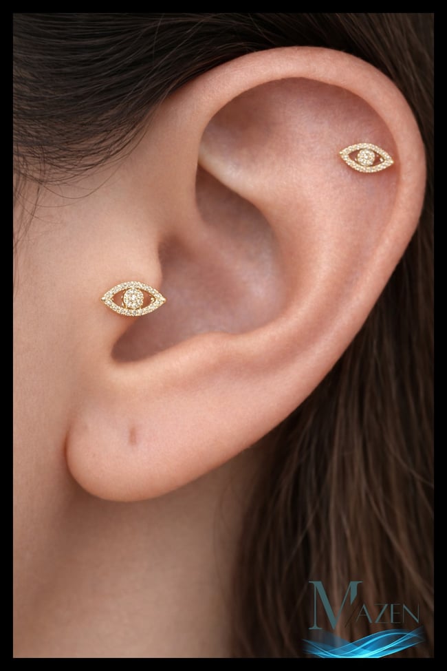 Nazar Eye Mini Tragus Helix Piercing | Taşlı Göz Model | Gold Renk Çelik Bar