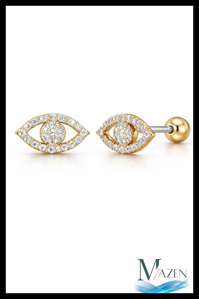 Nazar Eye Mini Tragus Helix Piercing | Taşlı Göz Model | Gold Renk Çelik Bar