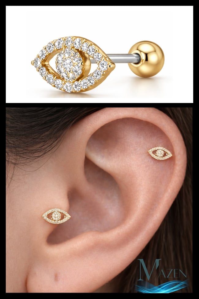 Nazar Eye Mini Tragus Helix Piercing | Taşlı Göz Model | Gold Renk Çelik Bar