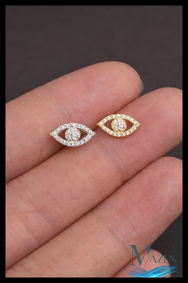 Nazar Eye Mini Tragus Helix Piercing | Taşlı Göz Model | Gümüş Renk, Çelik Bar