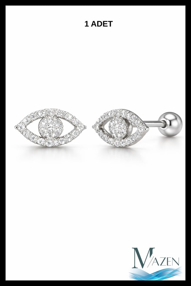 Nazar Eye Mini Tragus Helix Piercing | Taşlı Göz Model | Gümüş Renk, Çelik Bar