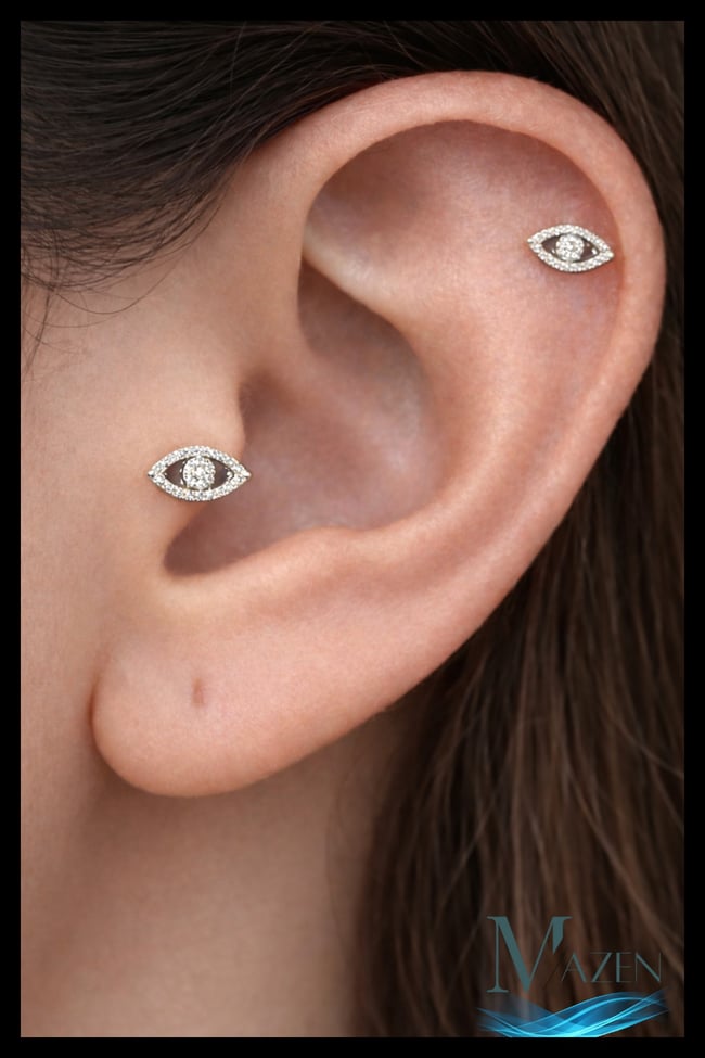 Nazar Eye Mini Tragus Helix Piercing | Taşlı Göz Model | Gümüş Renk, Çelik Bar