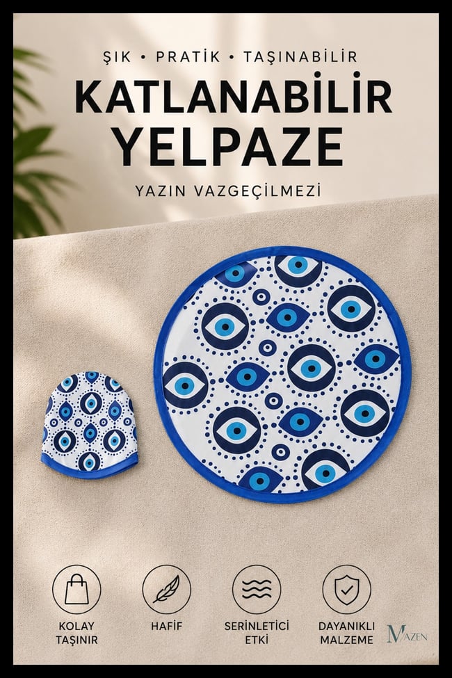 Nazar Göz Desenli Katlanabilir Yuvarlak Yazlık Taşınabilir El Yelpazesi