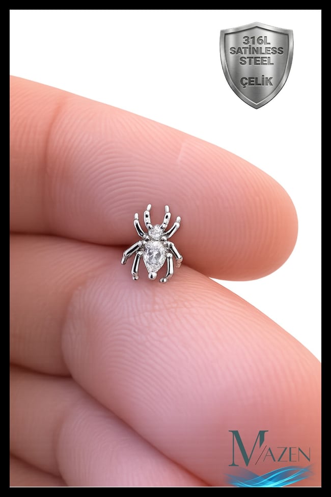 Örümcek Figürlü Zirkon Taşlı Helix Tragus Piercing | 316L Çelik | Arkası Düz