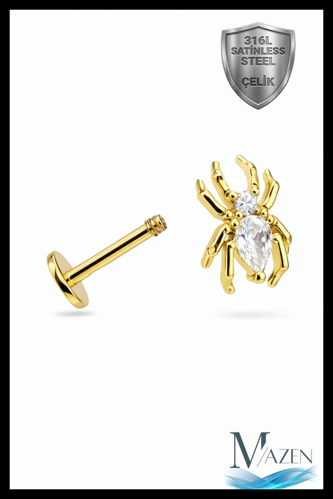 Örümcek Figürlü Zirkon Taşlı Helix Tragus Piercing | 316L Çelik | Arkası Düz