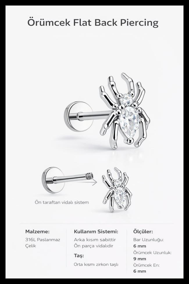 Örümcek Figürlü Zirkon Taşlı Helix Tragus Piercing | 316L Çelik | Arkası Düz