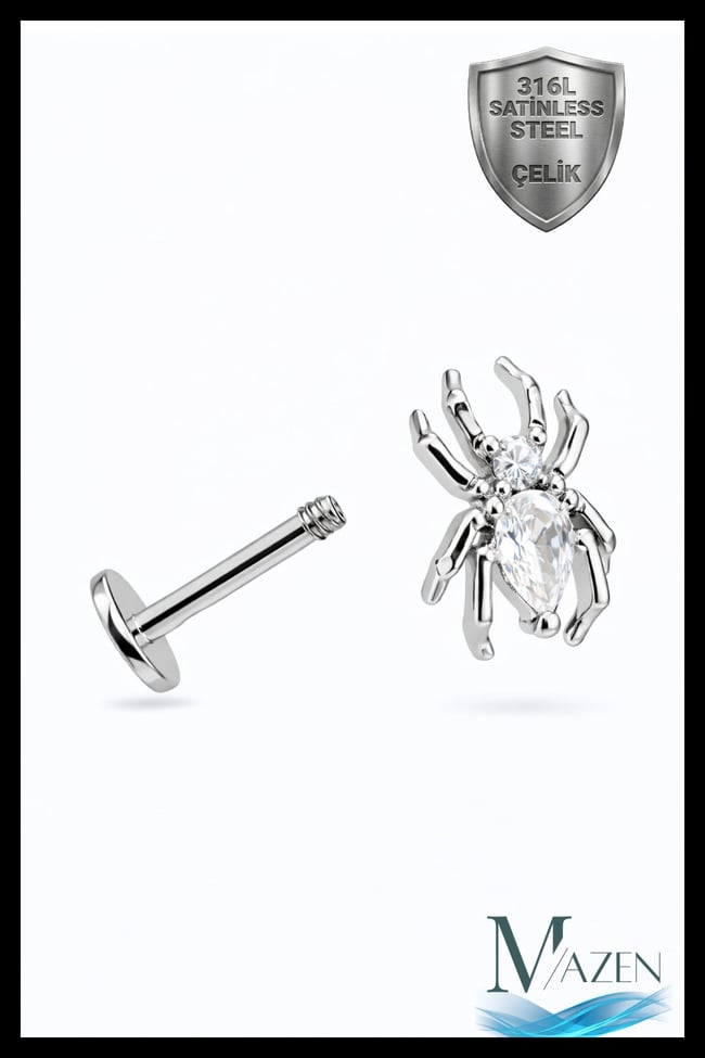 Örümcek Figürlü Zirkon Taşlı Helix Tragus Piercing | 316L Çelik | Arkası Düz