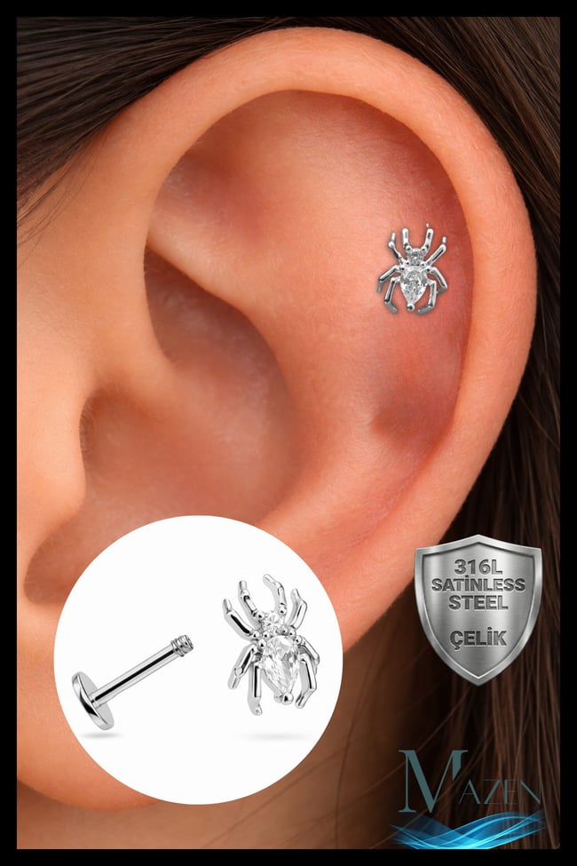 Örümcek Figürlü Zirkon Taşlı Helix Tragus Piercing | 316L Çelik | Arkası Düz