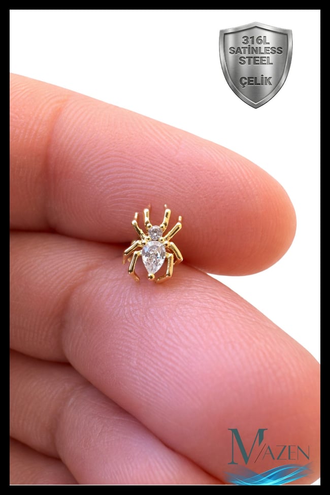 Örümcek Figürlü Zirkon Taşlı Helix Tragus Piercing | 316L Çelik | Arkası Düz