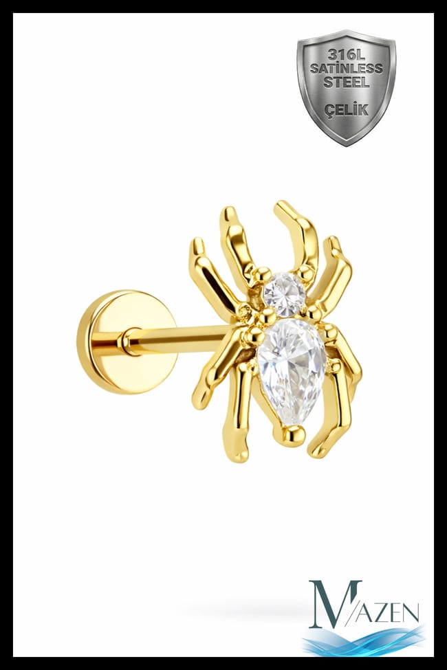 Örümcek Figürlü Zirkon Taşlı Helix Tragus Piercing | 316L Çelik | Arkası Düz