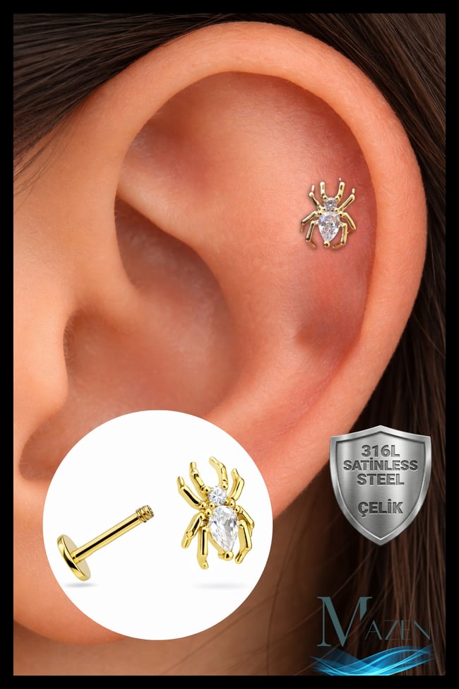 Örümcek Figürlü Zirkon Taşlı Helix Tragus Piercing | 316L Çelik | Arkası Düz