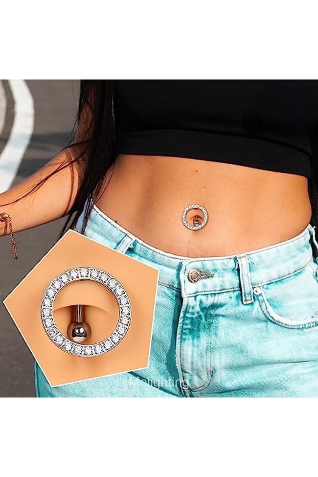 Oval Cerrahi Çelik Zirkon Taşlı Göbek Piercing Özel Tasarım