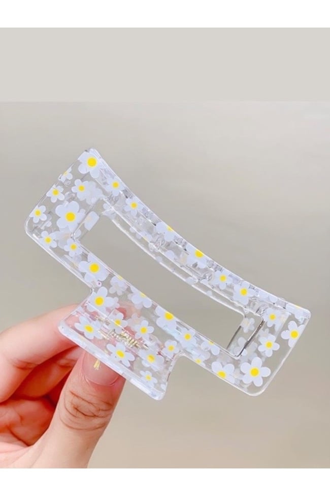 Papatya Desenli Akrilik Mandal Toka | 8 cm | Kadın Saç Aksesuarı | Yazlık Şeffaf Tasarım